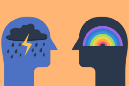 Zwei Köpfe symbolisieren die psychische / mentale Gesundheit: Der eine mit einem Gewitter, der andere mit einem Regenbogen.